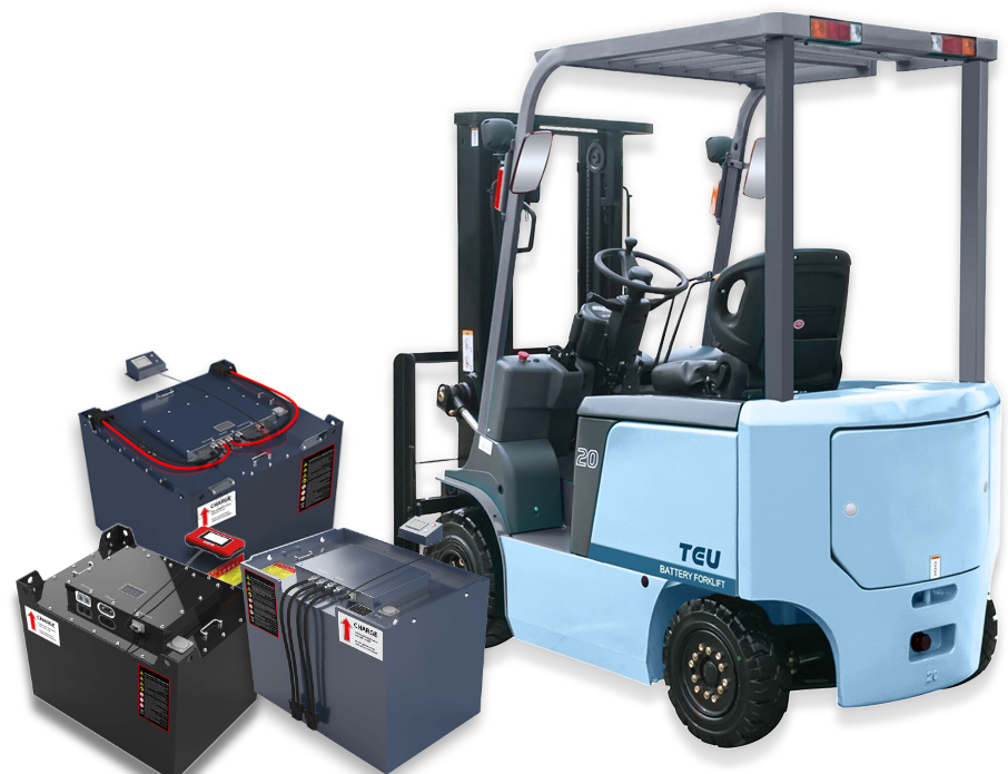 Foto de un montacargas TEU a lado de 3 baterías de litio